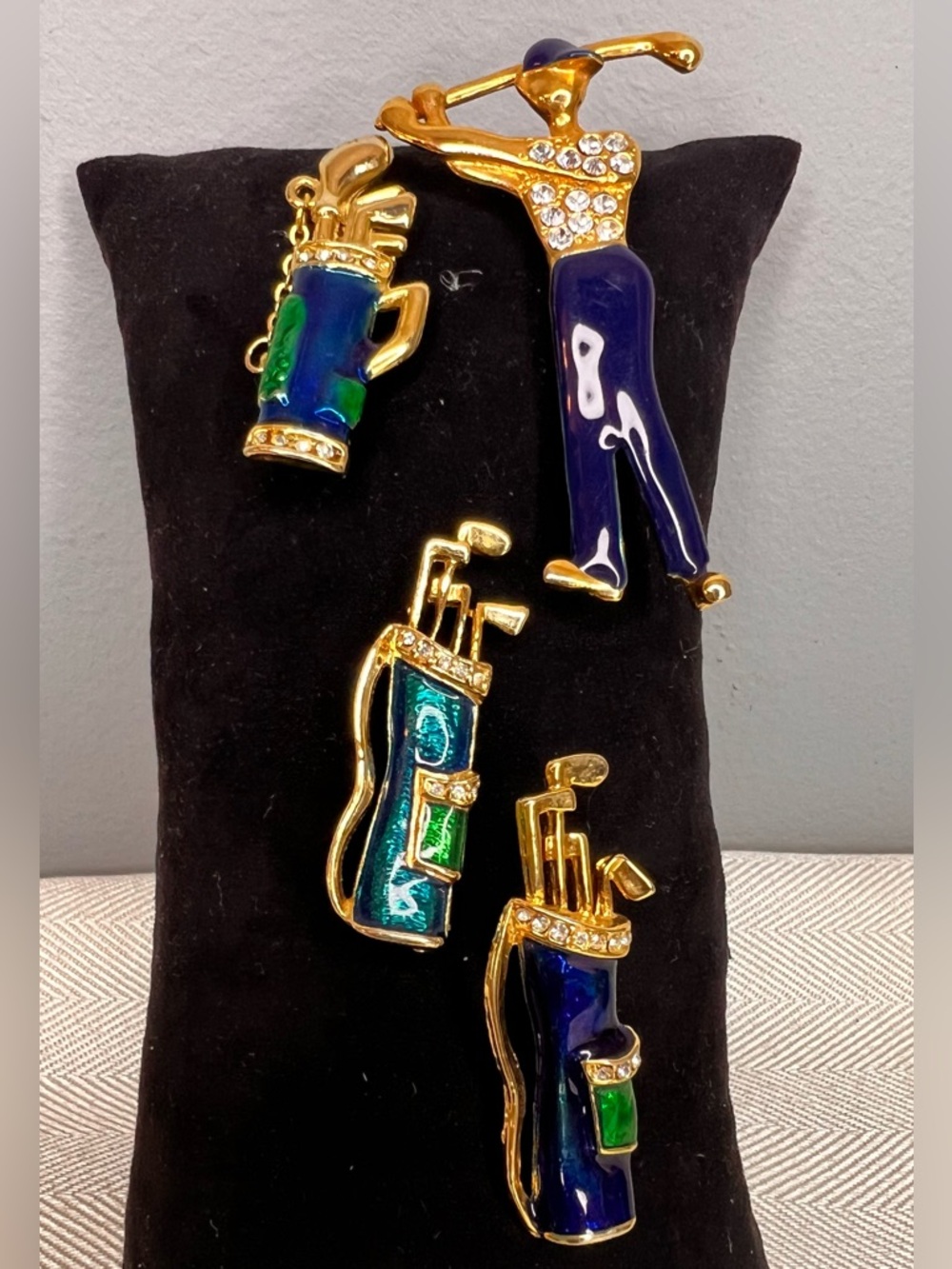Golf Bag & Golfer Swing Brooch Set - Blue & Green Enamel Gold-tone Rhinestones